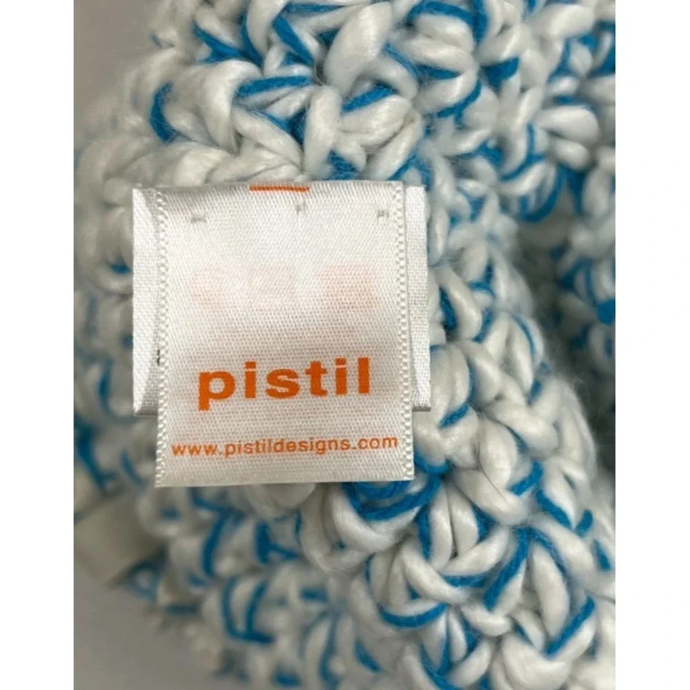 Pistil Blue White Chunky Knit Beanie Hat Button Brim Boho Winter Aesthetic